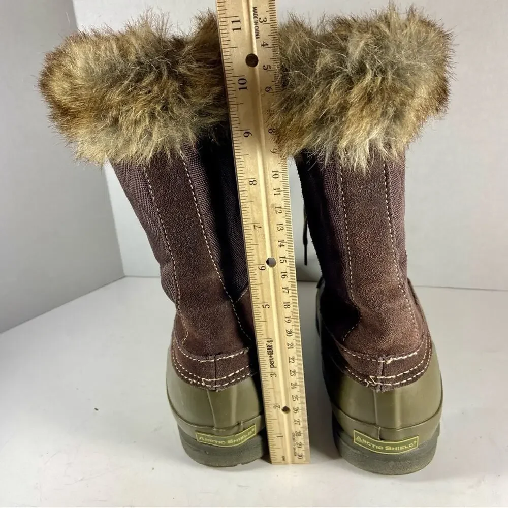 Bearpaw women Snow Boots‎ 6 Faux Fur Trim Duck Boots Lace Up Brown Olive 6M